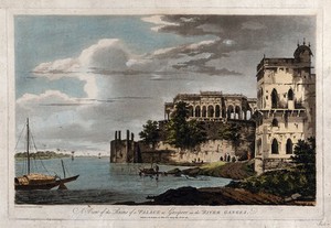 view Ghāzīpur, Uttar Pradesh: a ruined palace on the river Ganges. Coloured etching by William Hodges, 1785.