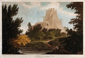 view Mountain seen from the jungle, India. Coloured etching by William Hodges, 1788.