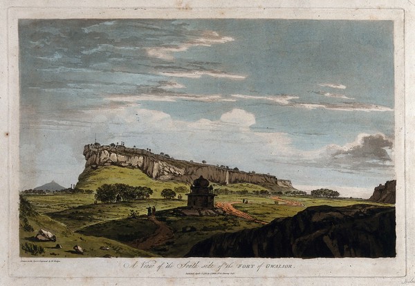 The fort at Gwalior, Madhya Pradesh. Coloured etching by William Hodges, 1786.