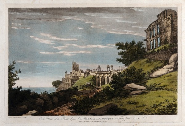 Ruins of the palace and mosque at Fatehpur Sikri, Uttar Pradesh. Coloured etching by William Hodges, 1785.