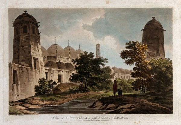 Buildings by the river at Muxadavad, India. Coloured etching by William Hodges, 1788.