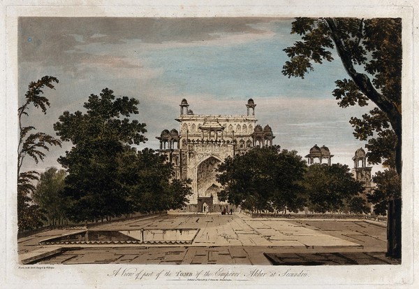 Sikandra, near Agra, Uttar Pradesh: mausoleum of the Emperor Akbar. Coloured etching by William Hodges, 1788.