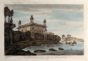 view Palace of Shuja-ud-Daula at Faizabad, Uttar Pradesh. Coloured etching by William Hodges, 1787.