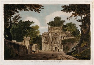 view Entrance to a mosque at Chunar, Uttar Pradesh. Coloured etching by William Hodges, 1786.