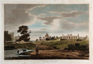 view Landscape at Firozabad, northern India. Coloured etching by William Hodges, 1788.