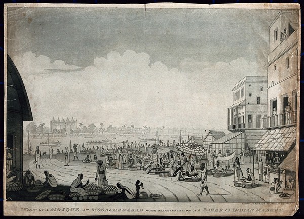 Bazaar at Murshidabad, West Bengal. Etching by James Moffat, ca. 1808.