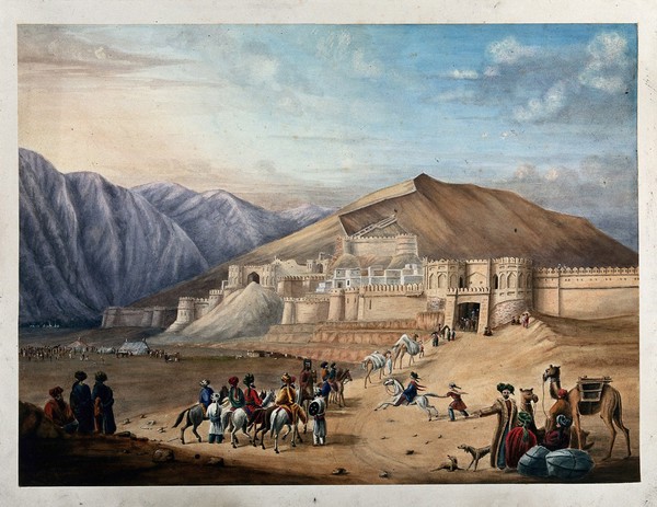 Horsemen assembled outside the city walls at Kabul, Afghanistan. Watercolour.