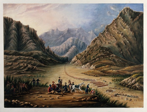 Cavalry drill in the mountains, Afghanistan. Watercolour.