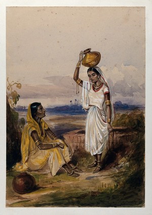 view Two women with water vessels at a well, Afghanistan. Watercolour.