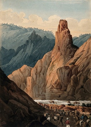 Cavalry passing mountain river, Afghanistan. Watercolour.