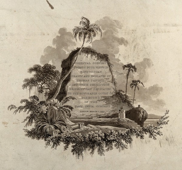 Vignette title to part one of Oriental Scenery. Aquatint by Thomas Daniell, 1795.