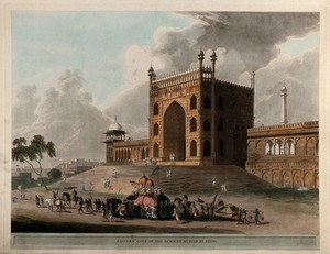 view Eastern gate of the Jami Masjid at Delhi, India. Coloured aquatint by Thomas Daniell, 1795.