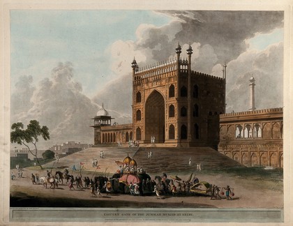 Eastern gate of the Jami Masjid at Delhi, India. Coloured aquatint by Thomas Daniell, 1795.