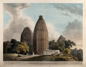 view Hindu temples at Bindraban on the river Jumna, India. Coloured aquatint by Thomas Daniell, 1795, after himself.