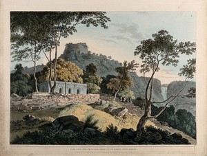 view Landscape at Rohtasgarh, Bihar. Coloured aquatint by Thomas Daniell, 1795.