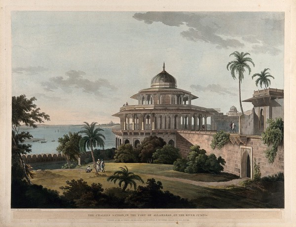 The Chalis Satun, or Hall of Forty Pillars, at Allahabad, Uttar Pradesh. Coloured aquatint by Thomas Daniell, 1795.