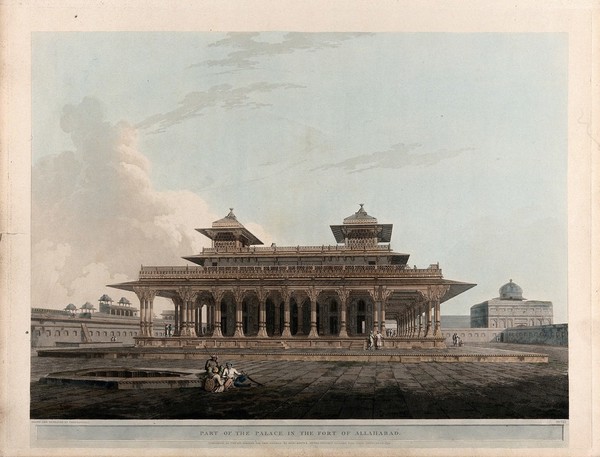 Pavilion in the fort of Allahabad, Uttar Pradesh. Coloured aquatint by Thomas Daniell, 1795.