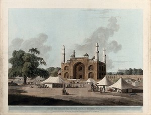 view Sikandra, near Agra, Uttar Pradesh: gateway to the mausoleum of the Emperor Akbar. Coloured aquatint by Thomas Daniell, 1795.