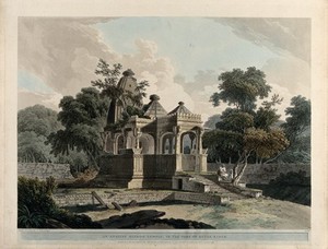 view Hindu temple in the fort of Rotasgarh, Bihar. Coloured aquatint by Thomas Daniell, 1796.