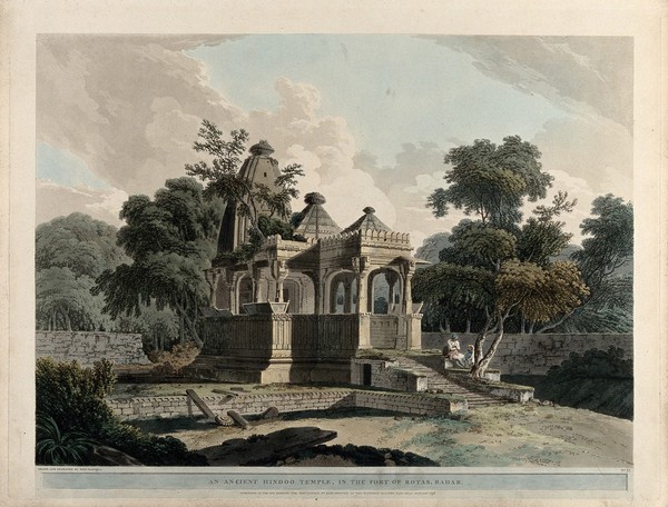 Hindu temple in the fort of Rotasgarh, Bihar. Coloured aquatint by Thomas Daniell, 1796.