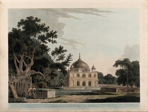 view Tomb of Prince Khusrau, near Allahabad, Uttar Pradesh. Coloured aquatint by Thomas Daniell, 1796.