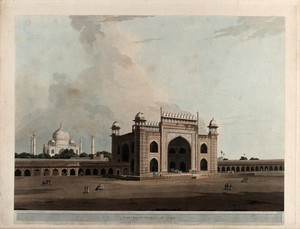 view Gateway to the Taj Mahal, Agra, Uttar Pradesh. Coloured aquatint by Thomas Daniell, 1796.