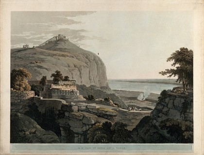 Landscape with the fort at Rohtasgarh, Bihar. Coloured aquatint by Thomas Daniell, 1796.
