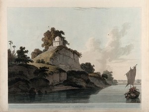 view Hindu temple on the river Ganges, near Kara, Uttar Pradesh. Coloured aquatint by Thomas Daniell, 1796.