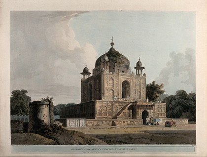 Mausoleum in the Khusrau Bagh, near Allahabad, Uttar Pradesh. Coloured aquatint by Thomas Daniell, 1796.