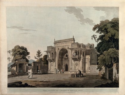 Gateway to a mosque, Chunar, Uttar Pradesh. Coloured aquatint by Thomas Daniell, 1797.