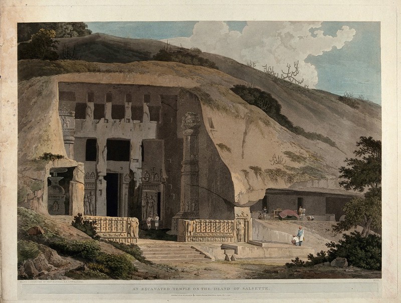 The Great Chaitya Temple on the island of Salsette, Maharashtra. Coloured aquatint by Thomas and William Daniell, 1799., 1 December 1799, by Thomas Daniell