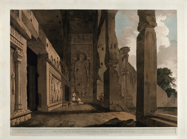 The entrance to the Great Chaitya Temple on the island of Salsette, Maharashtra. Coloured aquatint by Thomas and William Daniell, 1799.