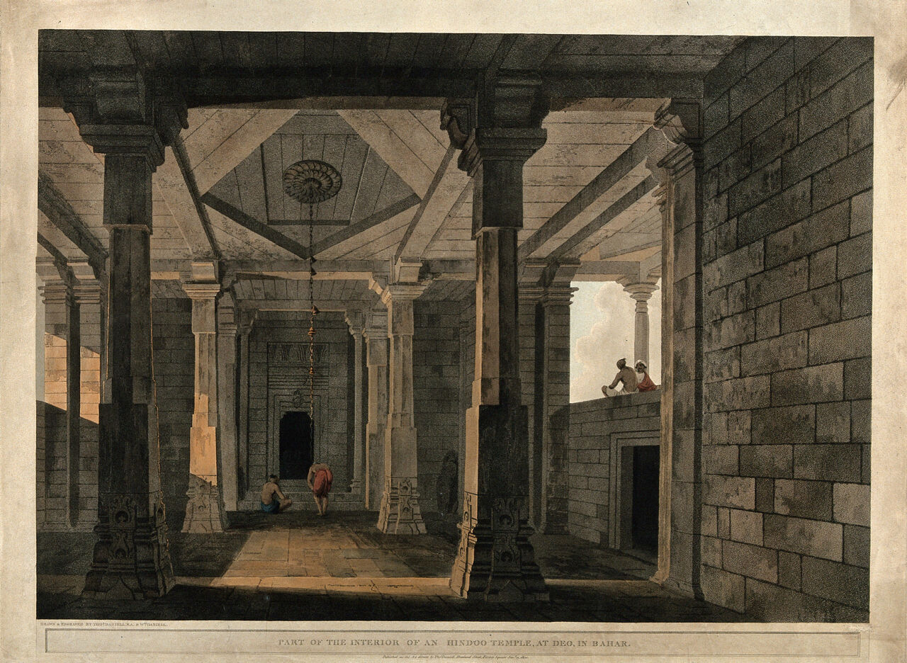 Interior of a Hindu temple, Deo, Bihar. Coloured aquatint by Thomas and William Daniell, 1800., 15 January 1800, by Thomas Daniell