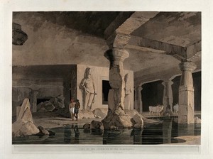 view Interior of a cave on the island of Elephanta, near Bombay, Maharashtra. Coloured aquatint by Thomas and William Daniell, 1800.