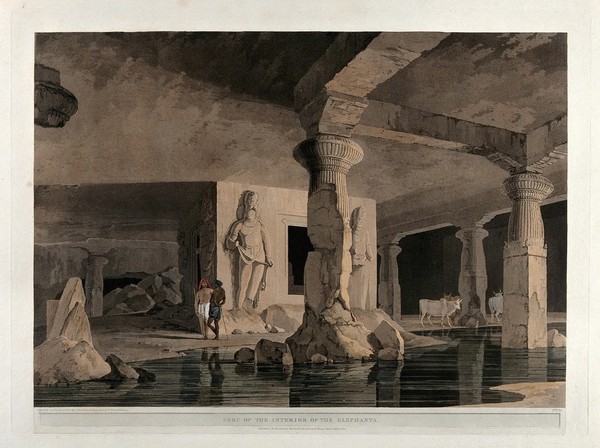 Interior of a cave on the island of Elephanta, near Bombay, Maharashtra. Coloured aquatint by Thomas and William Daniell, 1800.