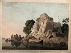 view Fakir's Rock on the river Ganges, near Sultanganj, Bihar: south west view. Coloured aquatint by Thomas and William Daniell, 1800.