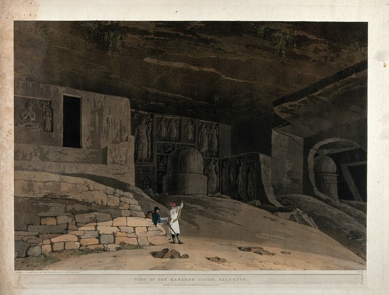 The Kanheri caves on the island of Salsette, near Bombay, Maharashtra. Coloured aquatint by Thomas and William Daniell, 1800., 1 June 1800, by Thomas Daniell
