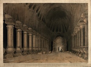 view Temple interior with a Buddhist stupa on the island of Salsette, near Bombay, Maharashtra. Coloured aquatint by Thomas and William Daniell, 1800.