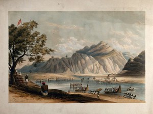 view Transporting artillery by boat across the river Beas, Himachal Pradesh. Coloured lithograph after Alexander Jack, c. 1847.