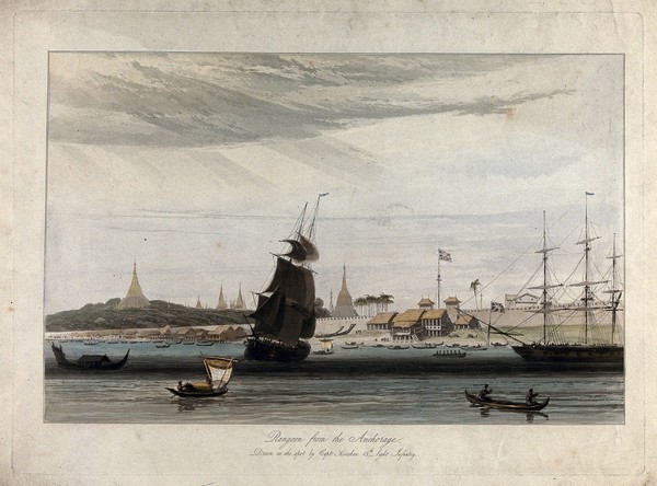 Ships at Rangoon, Burma. Coloured aquatint by William Daniell after James Kershaw, c. 1831.