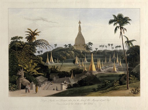 Dagon pagoda, near Rangoon, Burma. Coloured aquatint by William Daniell after James Kershaw, c. 1831