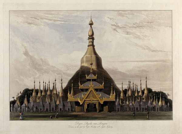 Dagon Pagoda, near Rangoon, Burma. Coloured aquatint by William Daniell after James Kershaw, c. 1831.