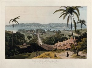 view Prome (Pyay), Burma: view to the west from the Great Pagoda. Coloured aquatint by William Daniell after James Kershaw, c. 1831.