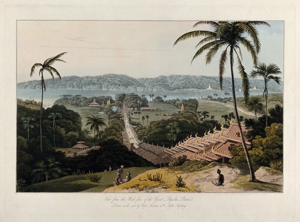 Prome (Pyay), Burma: view to the west from the Great Pagoda. Coloured aquatint by William Daniell after James Kershaw, c. 1831.