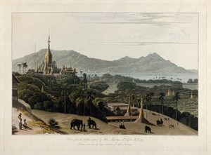 view Prome, Burma, seen from a hill. Coloured aquatint by William Daniell after James Kershaw, c. 1831.