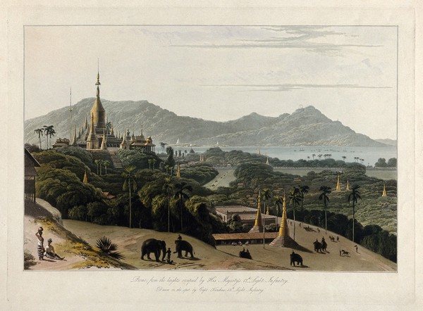 Prome, Burma, seen from a hill. Coloured aquatint by William Daniell after James Kershaw, c. 1831.