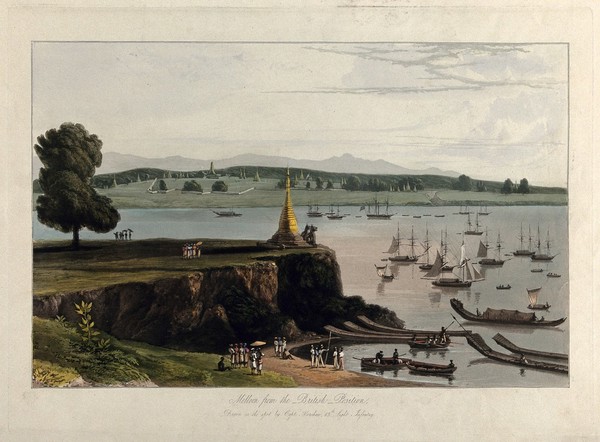 Boats at Melloon, Burma. Coloured aquatint by William Daniell after James Kershaw, c. 1831.