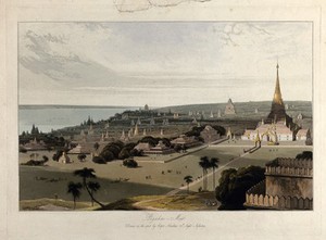 view Stupas at Pagham-Mew, Burma. Coloured aquatint by William Daniell after James Kershaw, c. 1831.