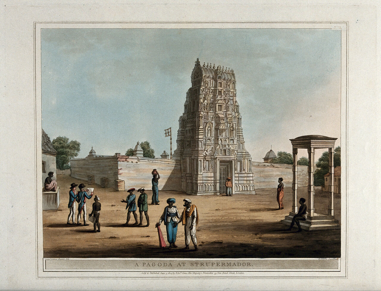 Pagoda at Srīperumbūdur, Karnataka. Coloured aquatint by H. Merke after James Hunter, 1804., 4 June 1804, by James Hunter