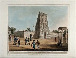 view Pagoda at Srīperumbūdur, Karnataka. Coloured aquatint by H. Merke after James Hunter, 1804.